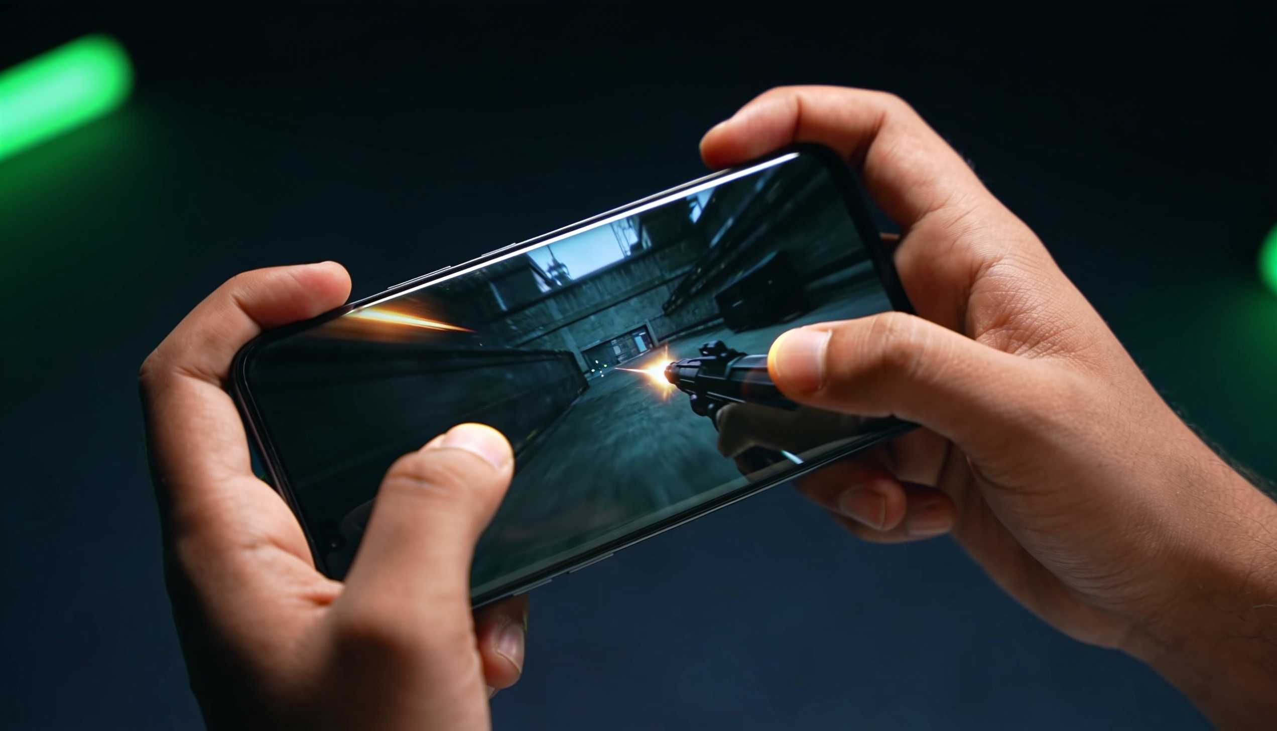 Hands tilting a smartphone to aim with the gyroscope in a mobile shooter